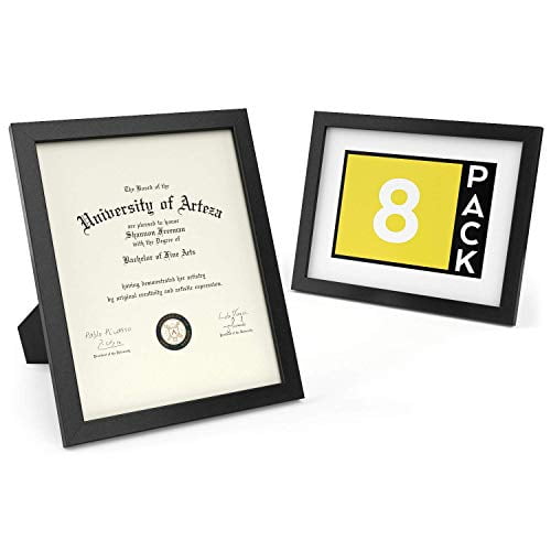 ARTEZA Document Frame 8.5" x 11" Award Plaque 8 Pack - Real Glass Front - Solid Wood Finish - Mounting Hooks for Certificate Display