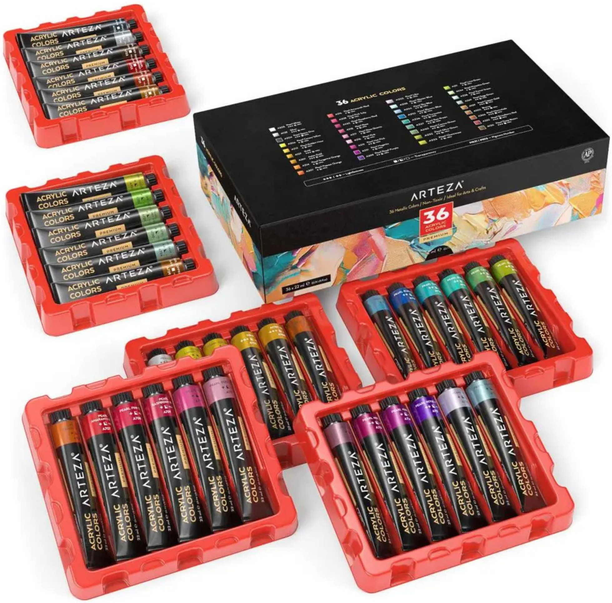 Arteza Acrylic Artist Paint, Metallic Finish, Multicolor, Set of 36, 22 mL