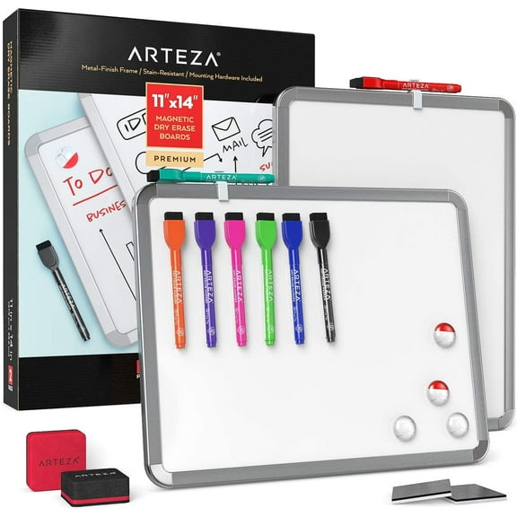Arteza Premium Set of 2 Framed White Magnetic Dry Erase Lapboards (8.5"x11"), 16 Markers with Cap Erasers, and Magnets