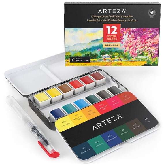 Arteza Premium Watercolor Artist Paint Set, Half Pans, Assorted Classic Colors12 Pack