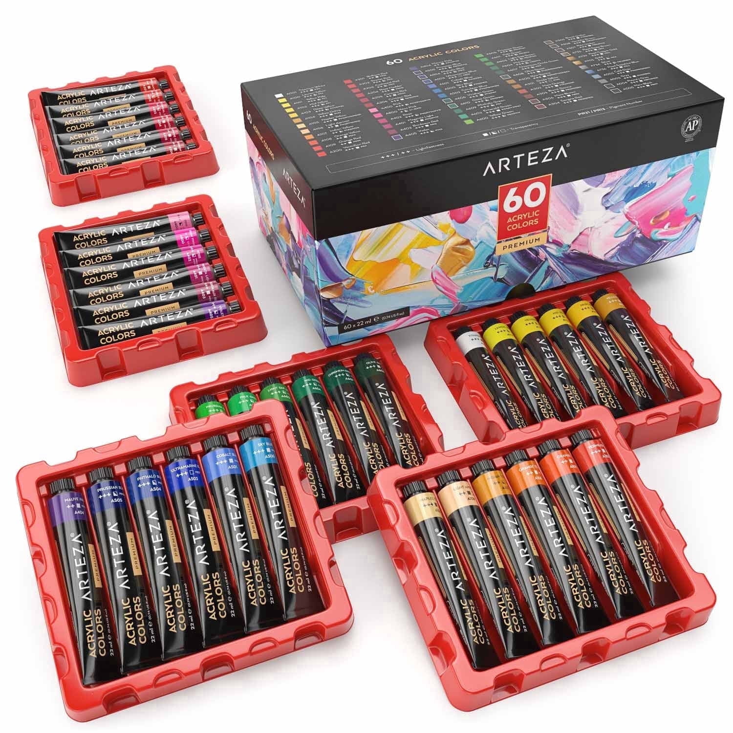 Arteza Acrylic Artist Paint, Multicolor, Set of 60, 22 mL