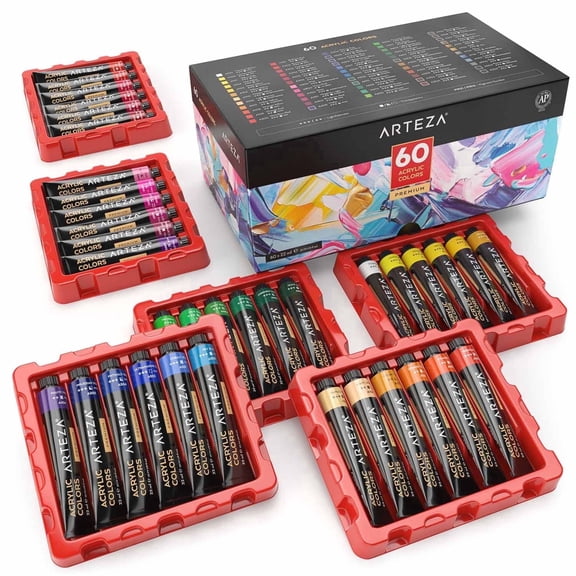 Arteza Professional Acrylic Artist Paint Set, Full Spectrum Assorted Colors, 22ml Tubes, 60 Pack