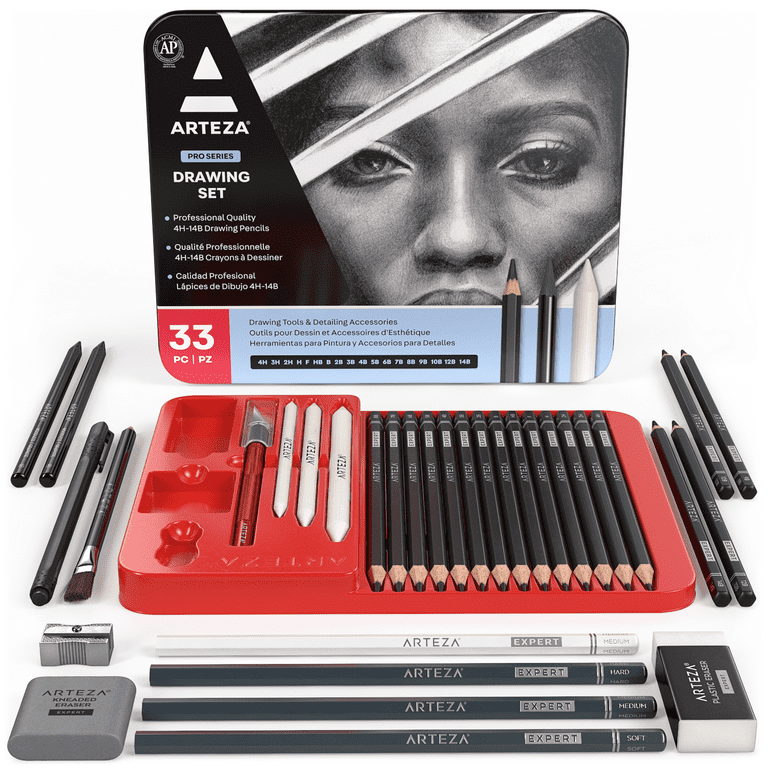 Arteza Professional Drawing Pencils Set - Graphite, Charcoal, Blenders,  Erasers - 33 Pack 