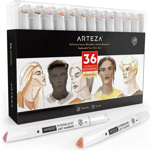 Arteza Professional EverBlend Dual Tip Artist Brush Sketch Markers, Skin Tones, Alcohol-Based, Replaceable Tips - 36 Pack