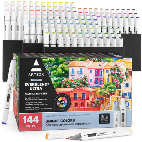 Arteza Professional EverBlend Dual Tip Ultra Artist Brush Sketch Markers, Unique Colors, 144 Pack