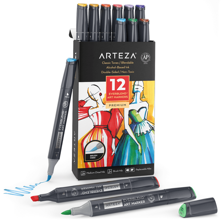 Arteza Professional EverBlend Dual Tip Ultra Artist Brush Sketch Markers,  Bright Colors, Replaceable Tips - 12 Pack 