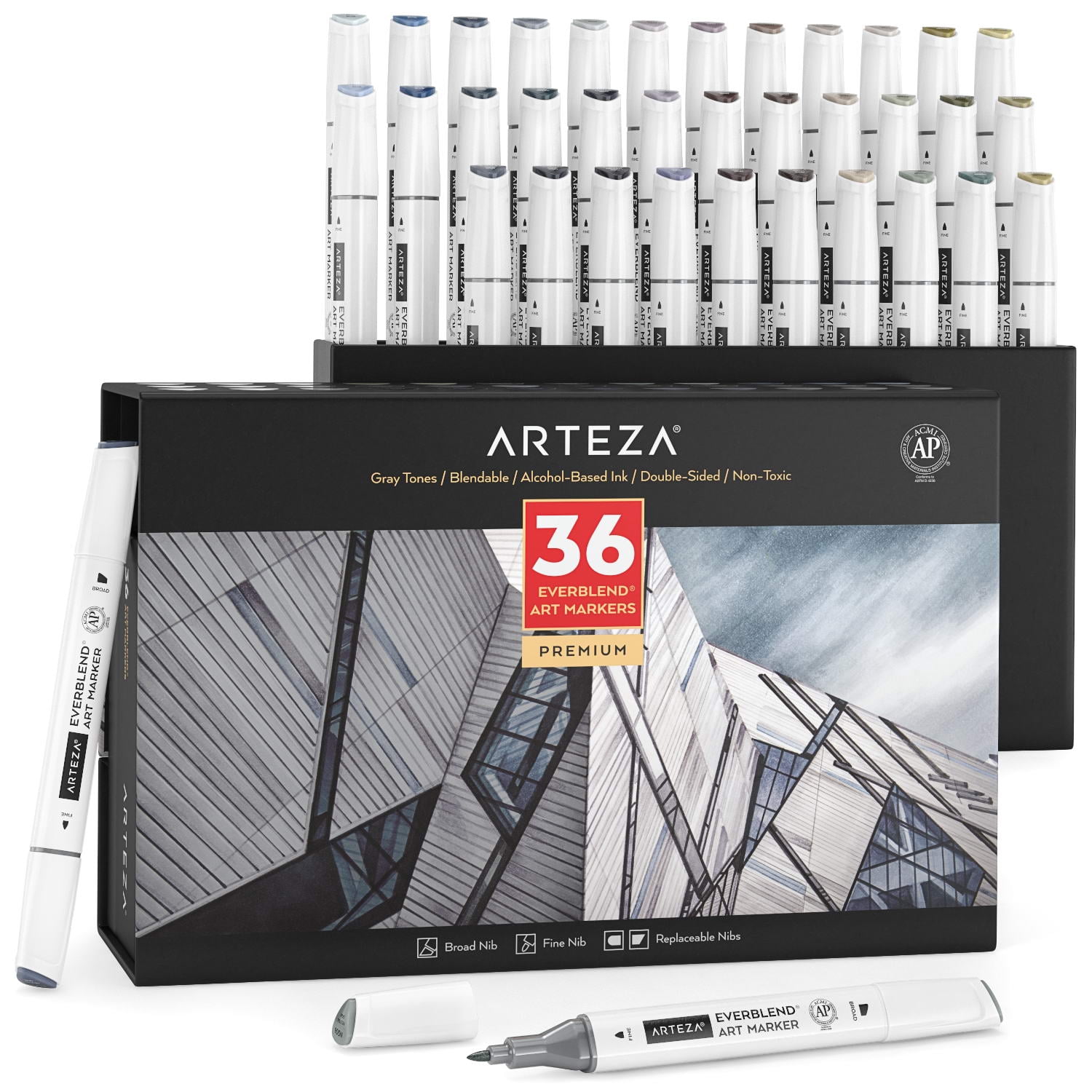 Arteza Professional EverBlend Dual Tip Ultra Artist Brush Sketch Markers,  Gray Tones, Replaceable Tips - 36 Pack
