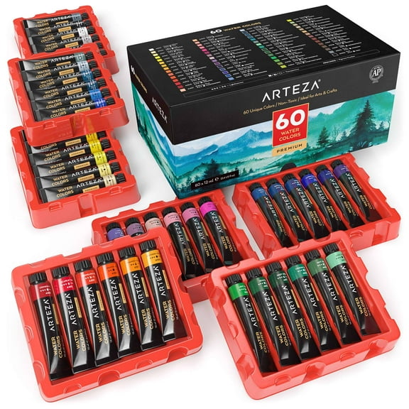 Arteza Professional Watercolor Artist Paint Set, 12ml Tubes, Assorted Colors, Non-Toxic - 60 Pack