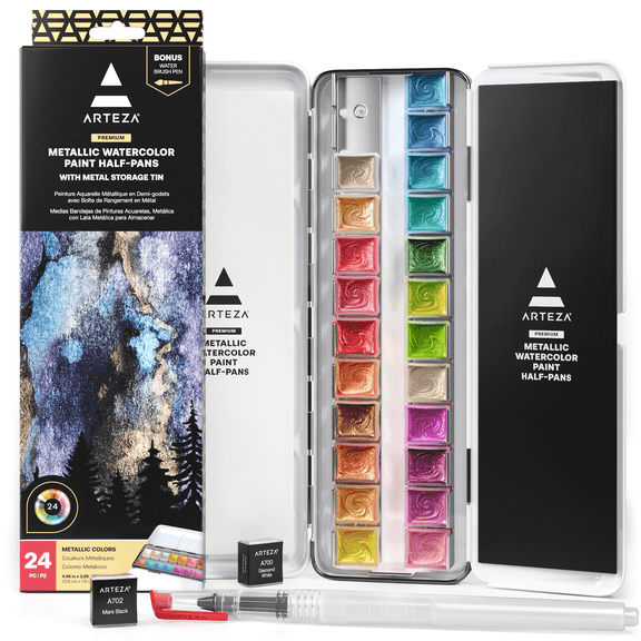 Arteza Professional Watercolor Artist Paint Set, Metallic, Half Pans 24 Colors