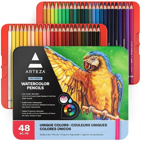 Arteza Professional Watercolor Pencils, Assorted Colors, Coloring Set - 48 Pack