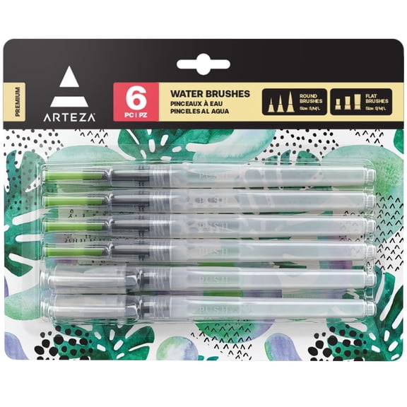 Arteza Water Brush Pens, Assorted Shapes, 6 Count, Nylon