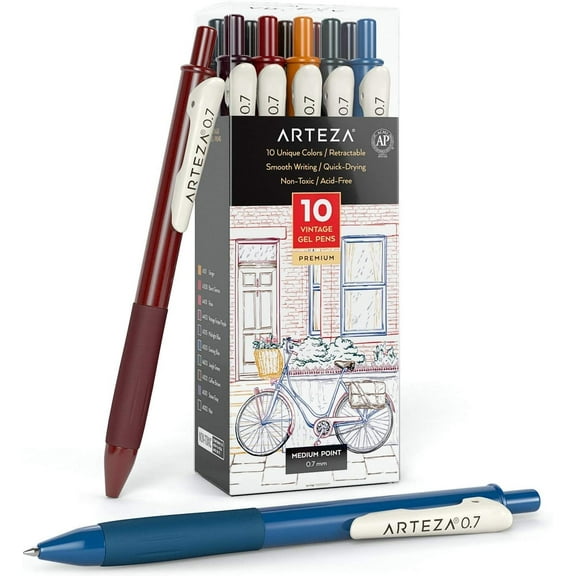 Arteza Retractable Gel Ink Colored Pens Set, Vintage Colors - Doodle, Draw, Journal - 10 Pack