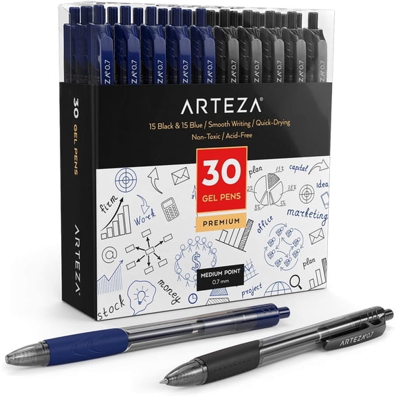 Arteza Retractable Gel Ink Pens Set, Black & Blue - Doodle, Draw, Journal - 30 Pack