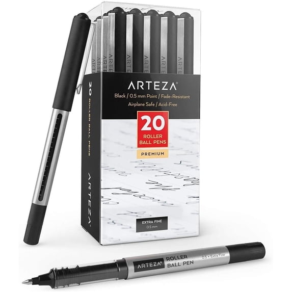 Arteza Rollerball Pens, Black, 20 Count, 0.5mm Extra Fine Point