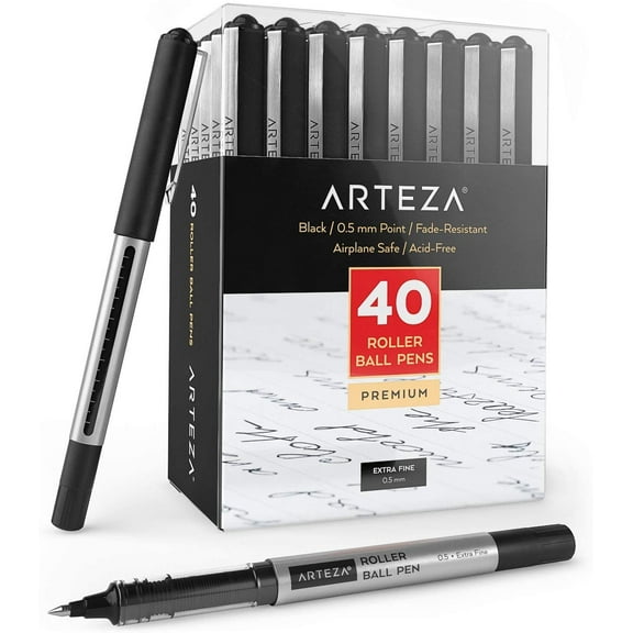 Arteza Roller Ball Pens, Black Ink, Extra Fine 0.5 mm - 40 Pack