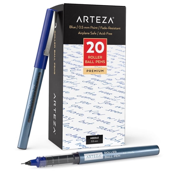 Arteza Roller Ball Pens Set, Blue Ink, 0.5 mm Needle Point, 20 Pack