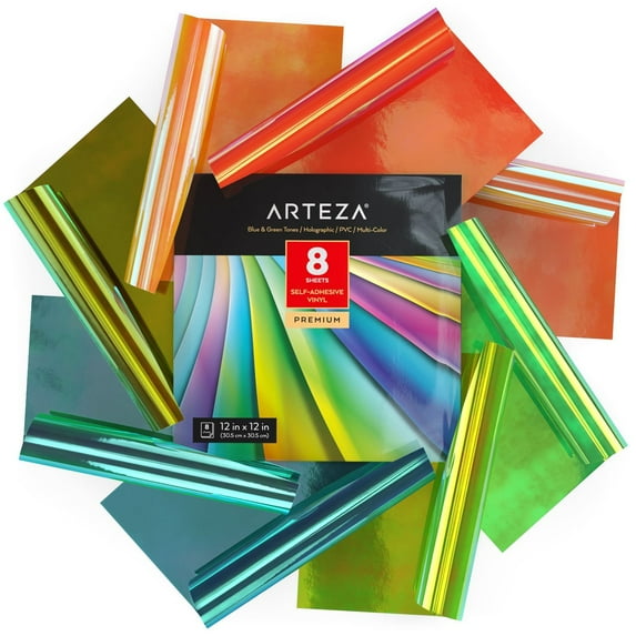 Arteza Self Adhesive Vinyl, Holographic, Green & Blue Tones, 12"x12" - 8 Pack