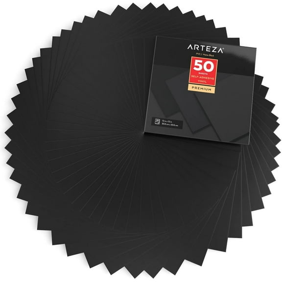 Arteza Self Adhesive Vinyl, Matte Black, 12"x12" Sheets, 50 Pack