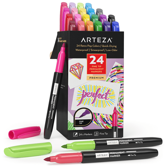 Arteza Set of 24 Permanent Markers Retro Pop, Assorted Colors, Acrylic Fine nib,