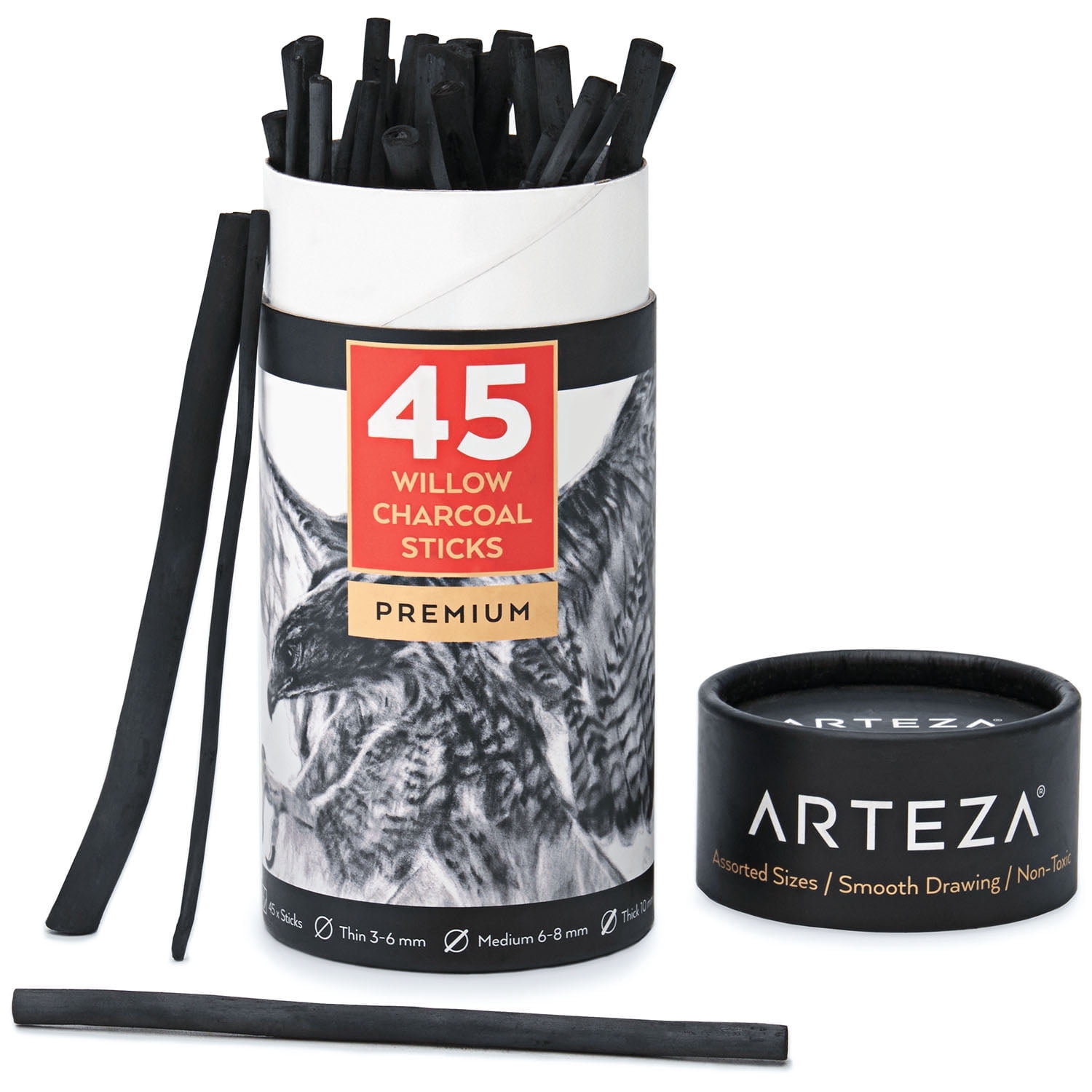 Arteza Premium Willow Charcoal Sticks, Assorted Sizes (3-6 mm, 6-8 mm, 10 mm), Set of 45