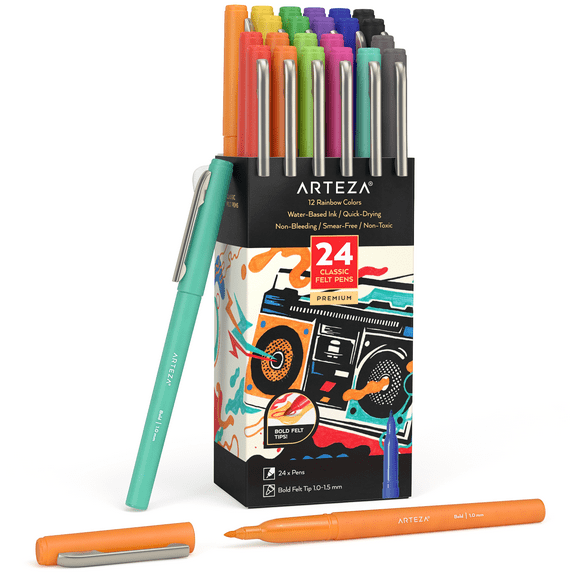 Arteza Set of Classic Felt Pens Rainbow Collection, Each Color X 2, Assorted Colors, Fiber tip - 24 Pieces