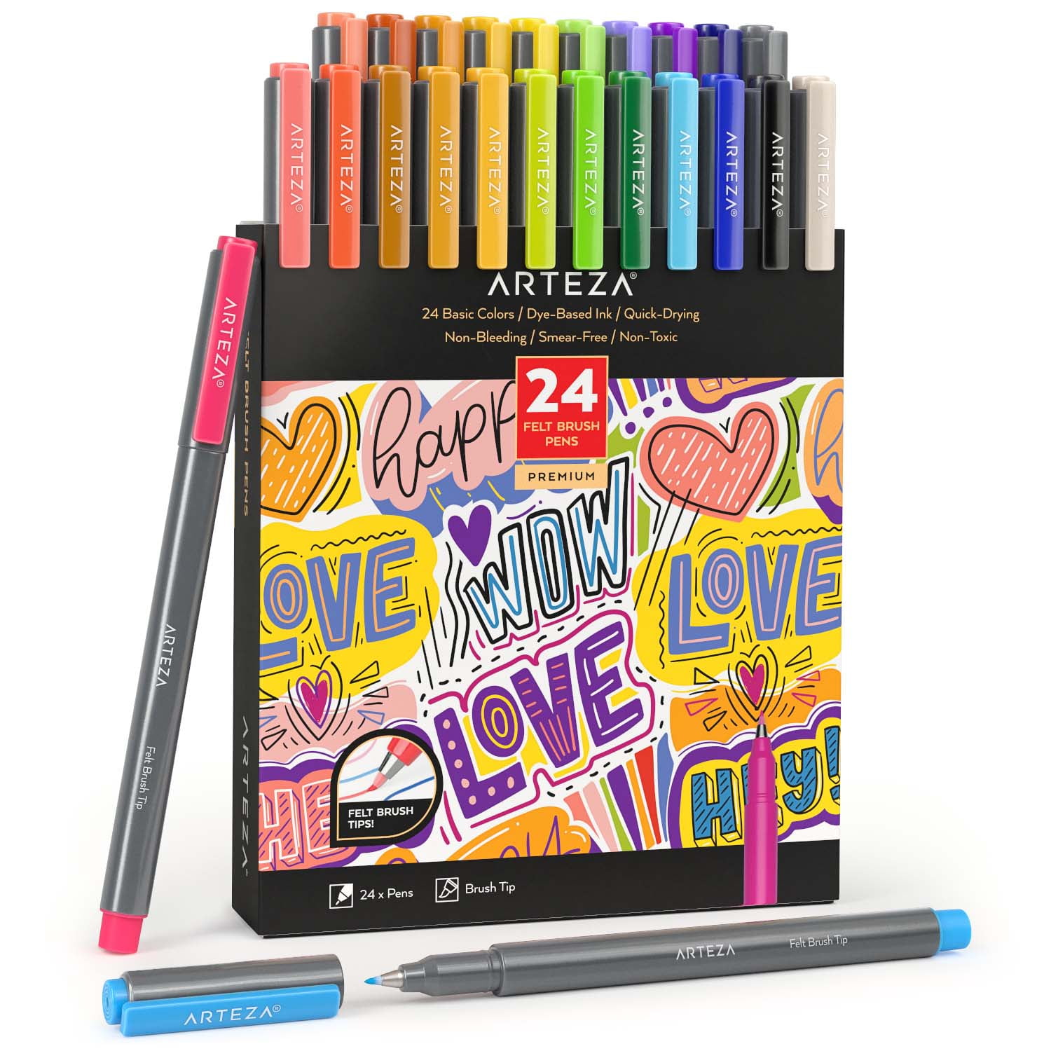 Arteza Set of Felt Brush Tip Pens, Basic Colors - 24 Pack