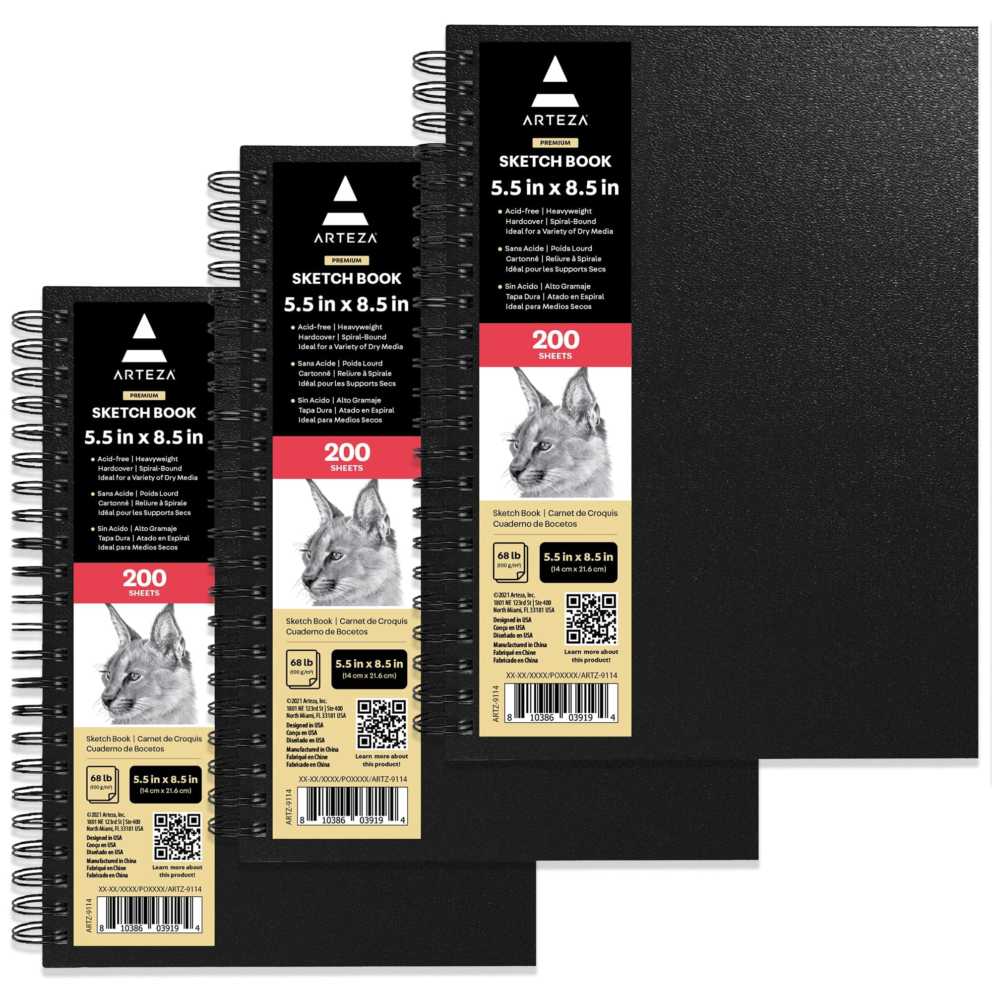 Arteza 5.5" x 8.5" Spiral-Bound Hardcover Sketchbook, 200 Pages, Black, Set of 3