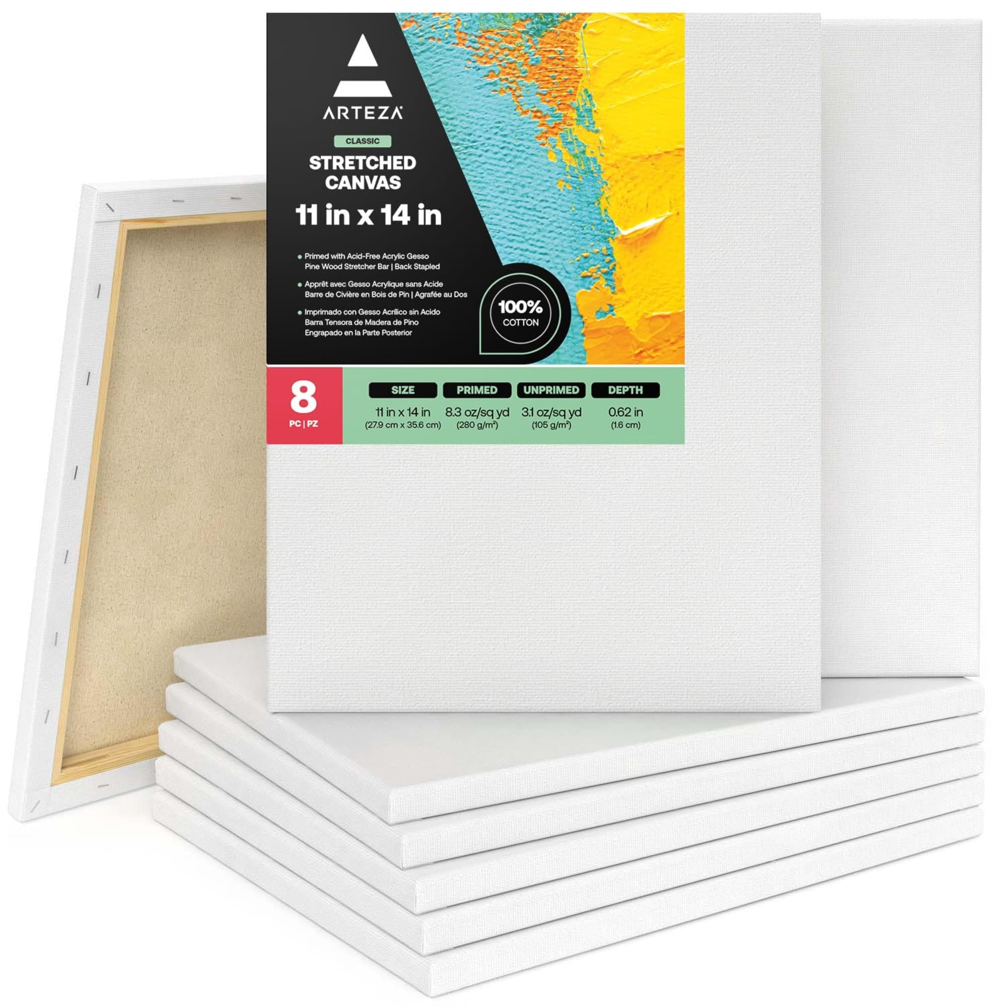 Arteza 11" x 14" Stretched Canvas, Set of 8, White Cotton