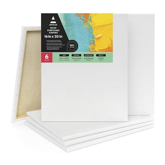 Arteza Stretched Canvas Pack, 16" x 20", Large Blank Canvas Boards for Painting, 6 Pack