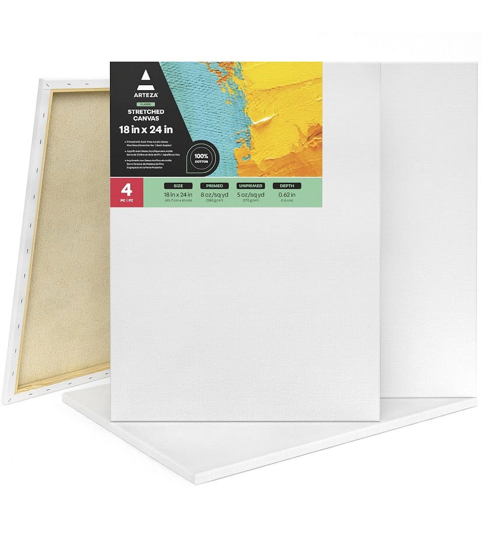 Arteza 18" x 24" Stretched Canvas, Set of 4, White Cotton