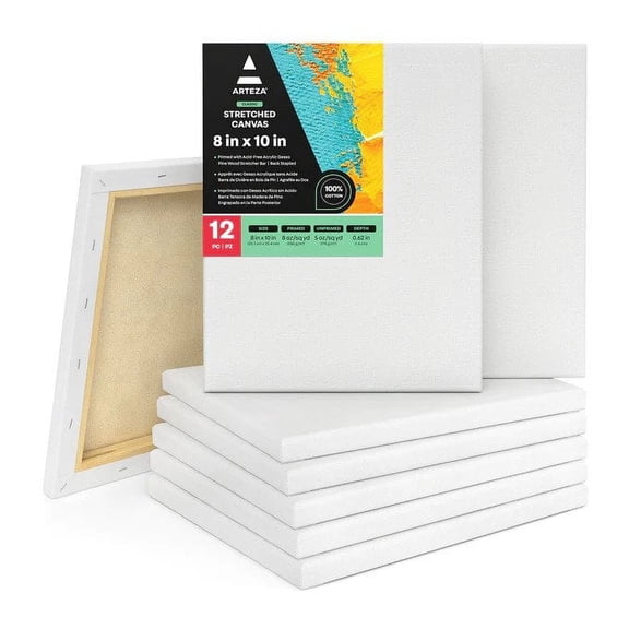 Arteza Stretched Canvas Pack, 8" x 10", Blank Canvas Boards for Painting, 12 Pack