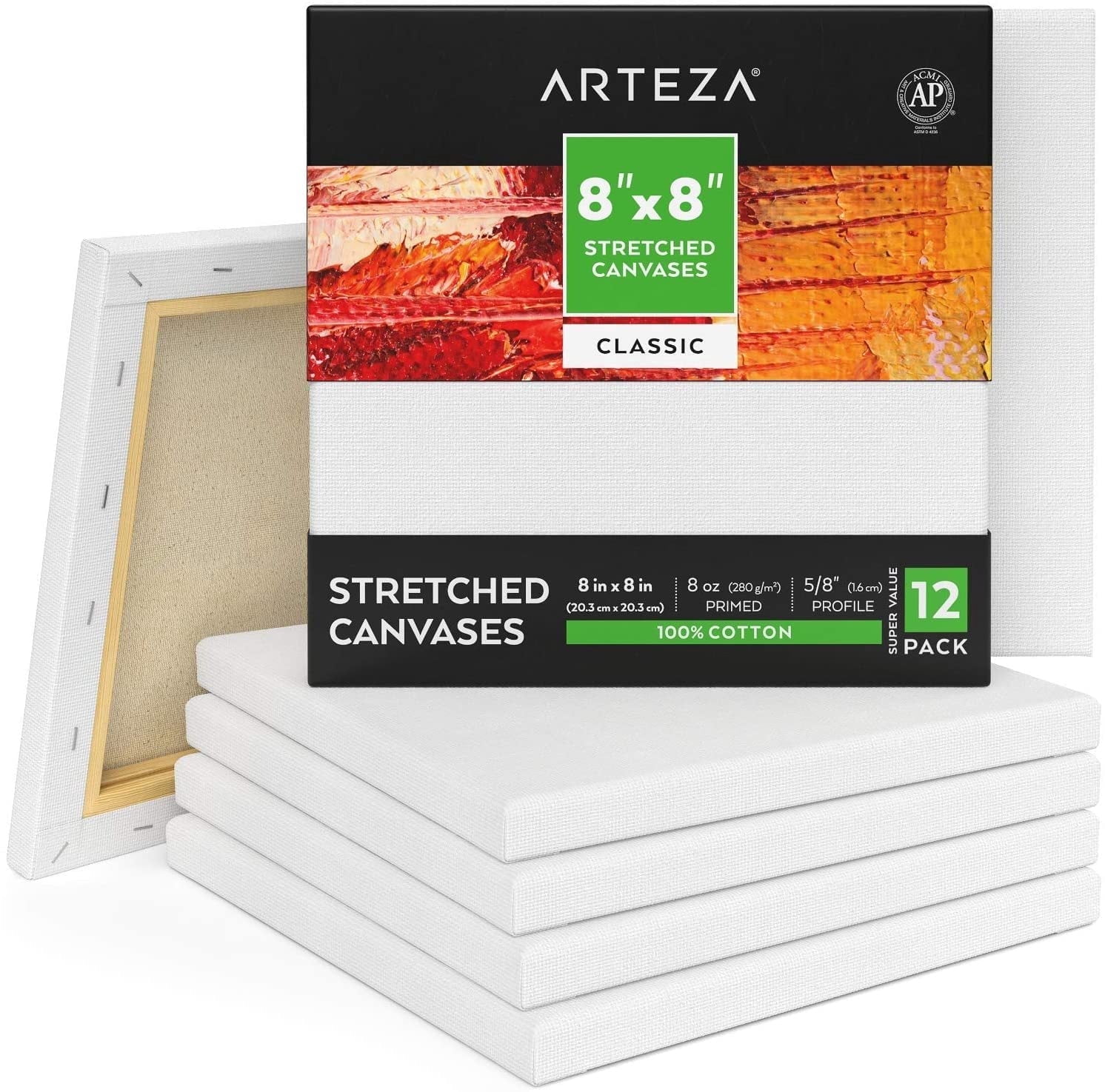 Arteza 8" x 8" Stretched Canvas, Set of 12, White Cotton