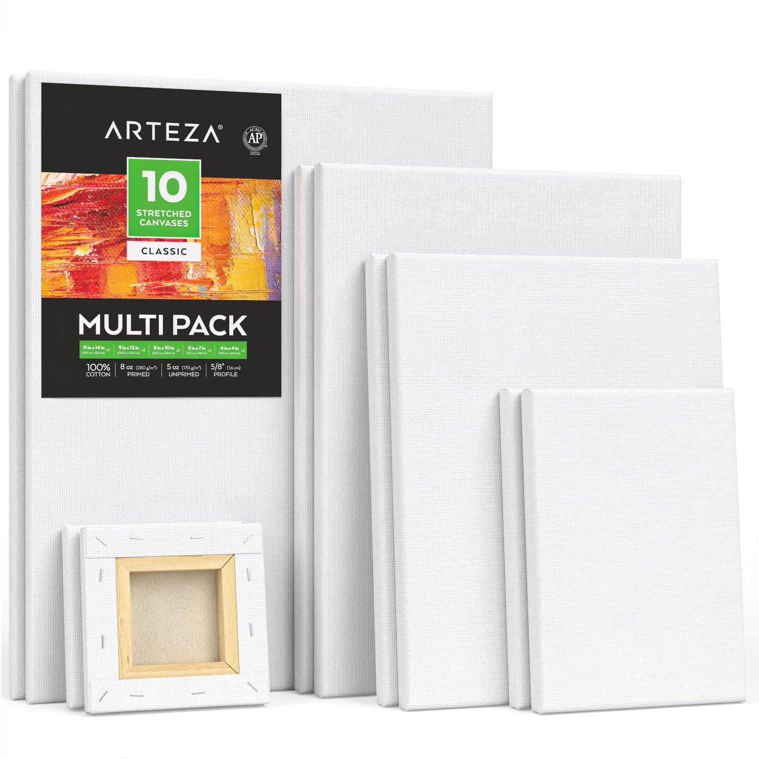 Gencrafts Stretched White Canvas Multi Pack - 5x7, 8x10, 9x12, 11x14 (2 of Each) Set of 8 - Triple Primed - 100% Cotton - for Acrylic, Oil, Other