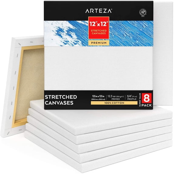Arteza Stretched Canvas, Premium, White, 12"x12", Blank Canvas Boards for Painting - 8 Pack