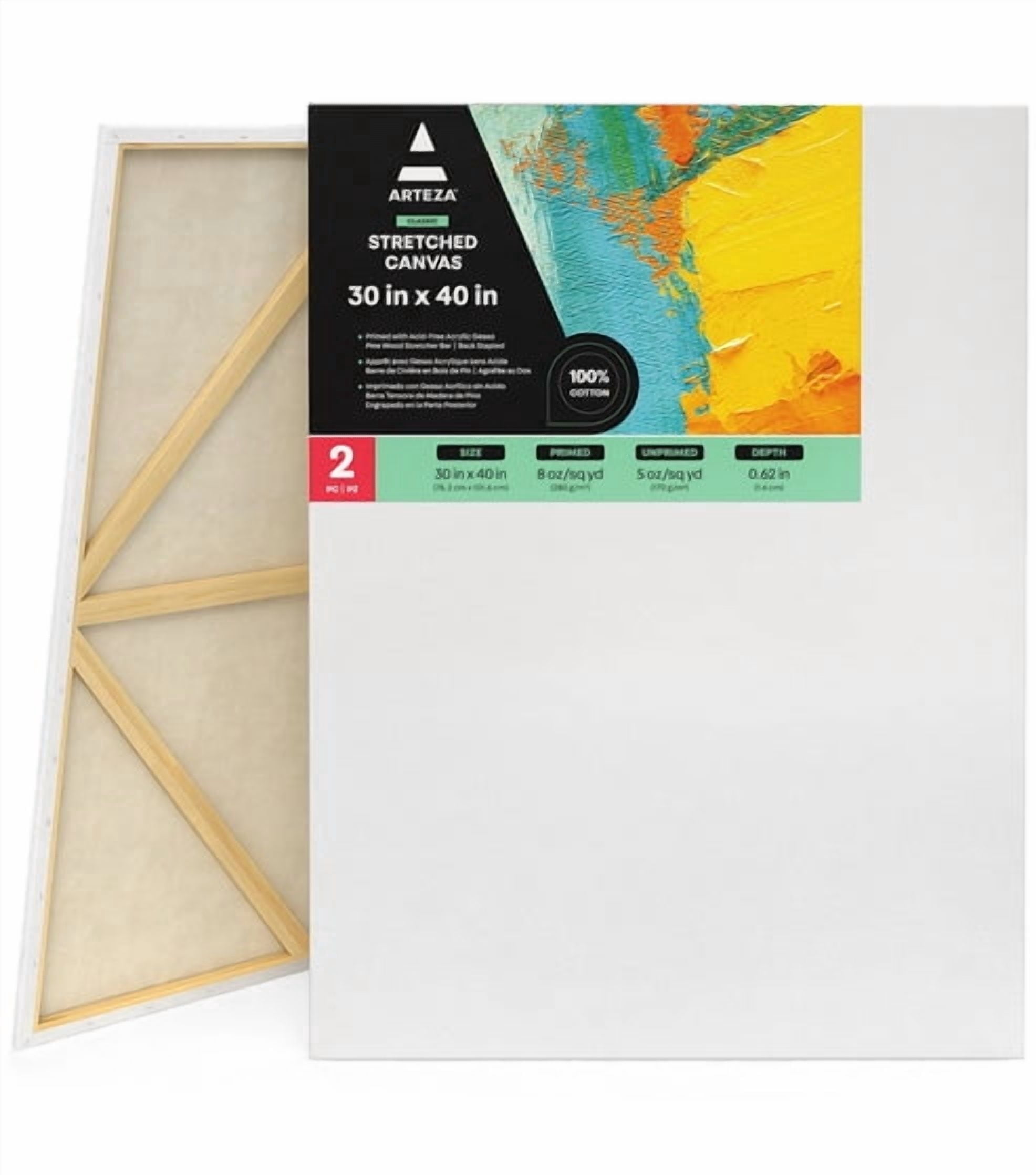 Arteza 30" x 40" Stretched Canvas, Set of 2, White Cotton