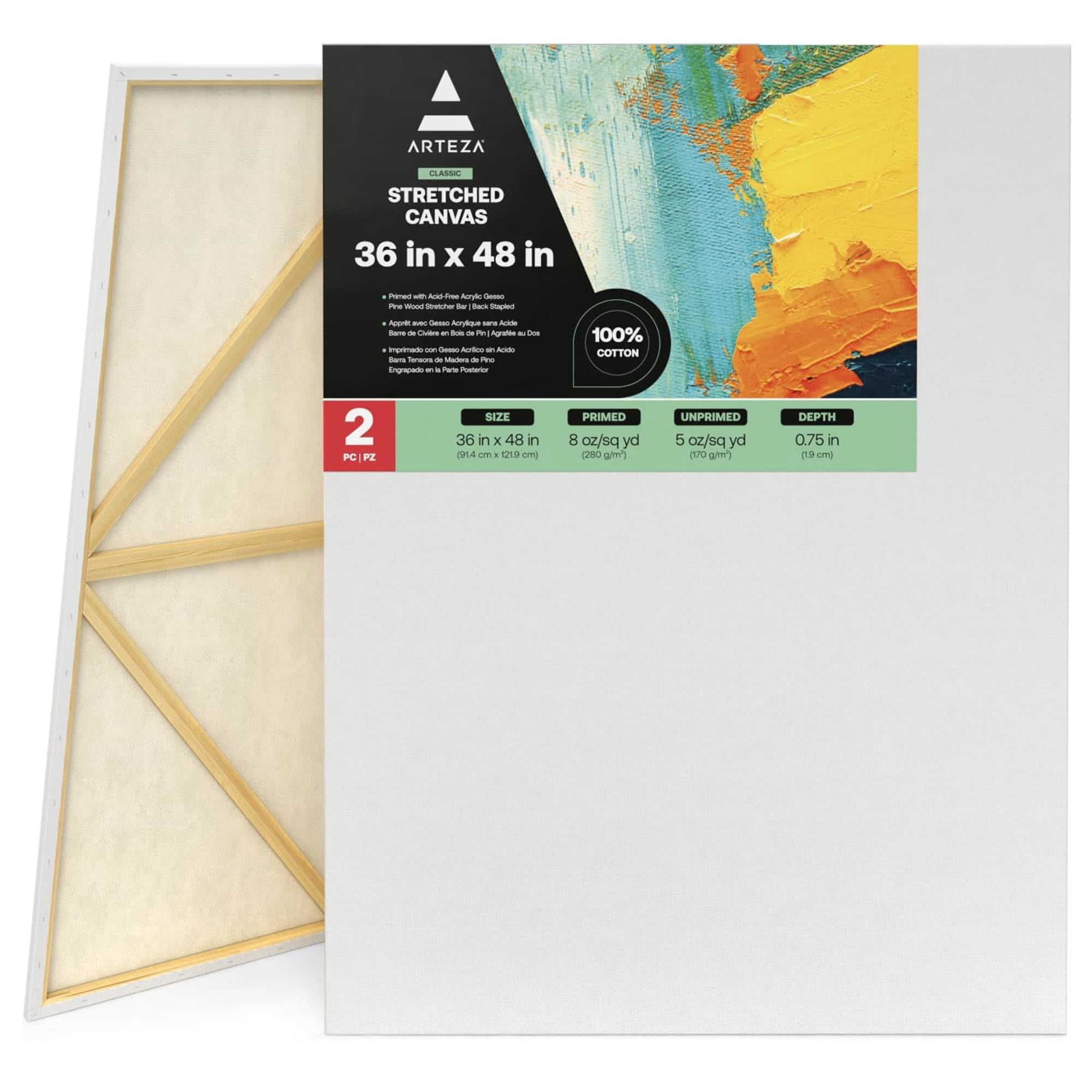 Arteza 36" x 48" Stretched Canvas, Set of 2, White Cotton