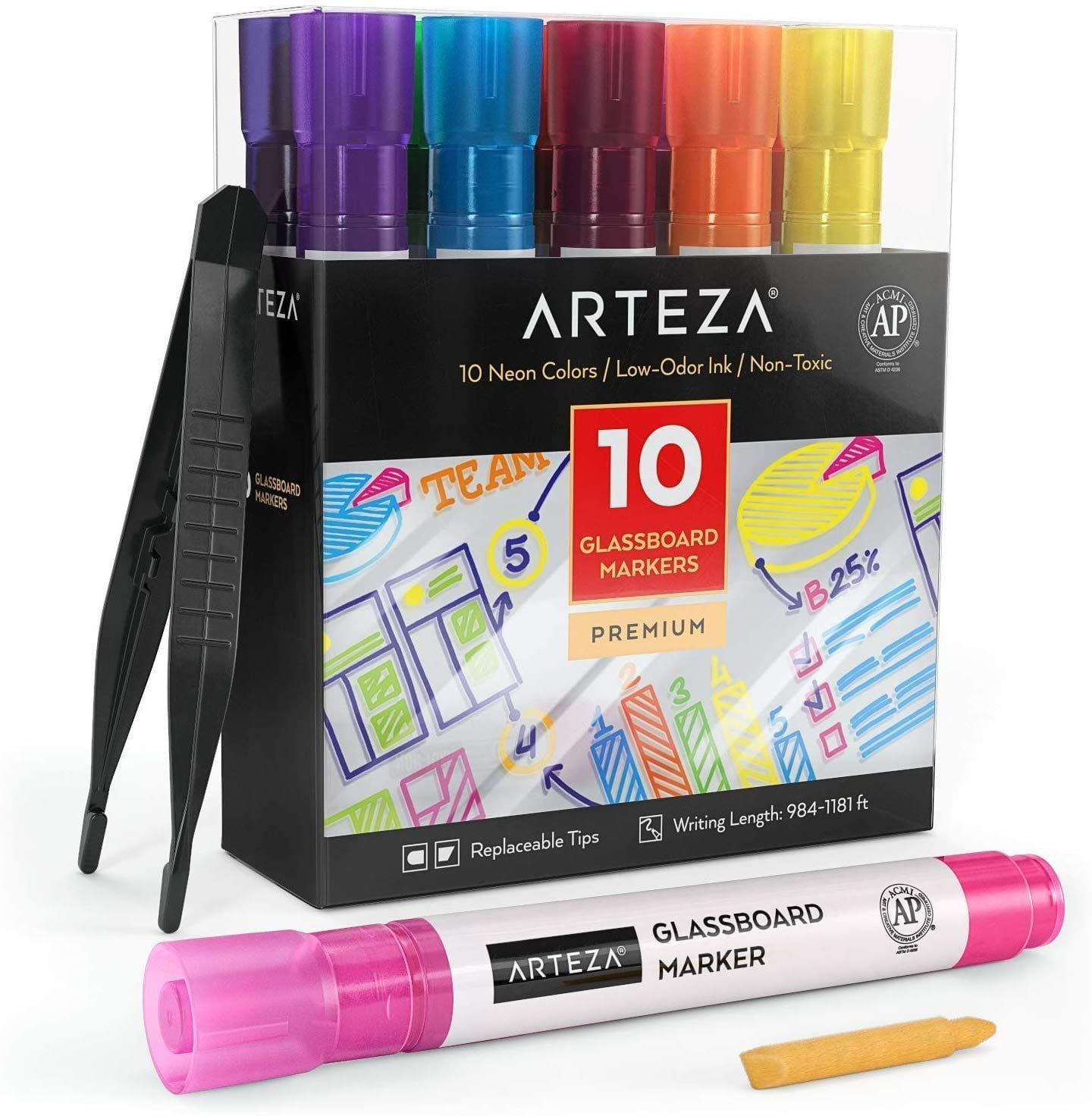 Arteza Washable Glass Board Markers Set, Assorted Classic Colors