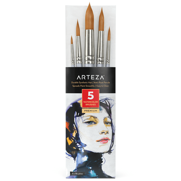 Arteza Watercolor Brushes Set, 5 Sizes, Brown Brush Hair - 5 Pack