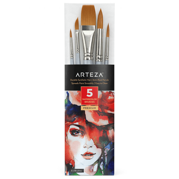 Arteza Watercolor Brushes Set, Assorted Sizes, Silver Handle - 5 Pack