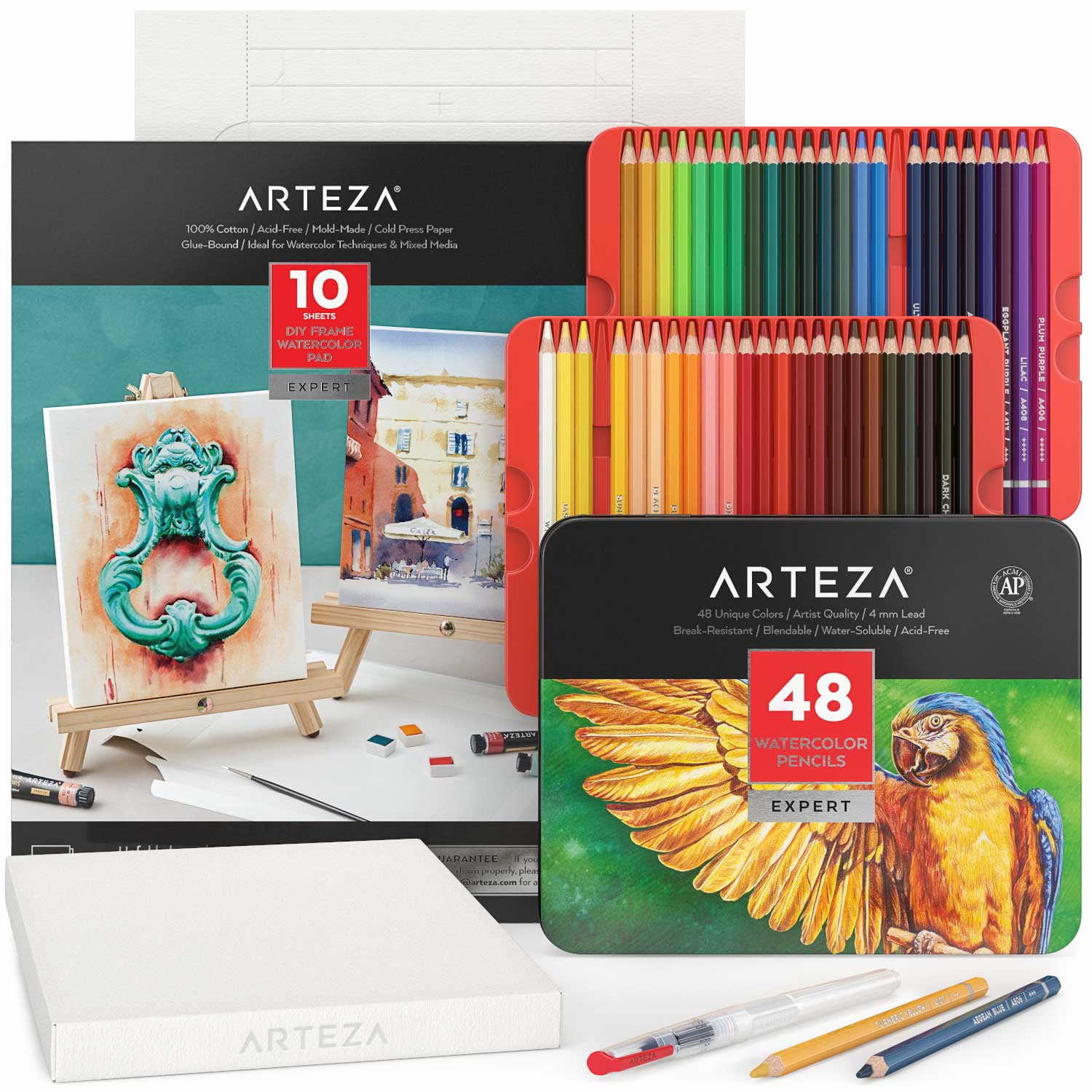 Arteza Watercolor Drawing Art Set, Watercolor Pencils and Foldable Canvas Paper Bundle Painting Set, DIY Kit, Art Supplies for Artists & Hobby