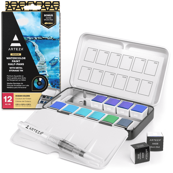 Arteza Watercolor Half Pan Set, Ocean Tones
