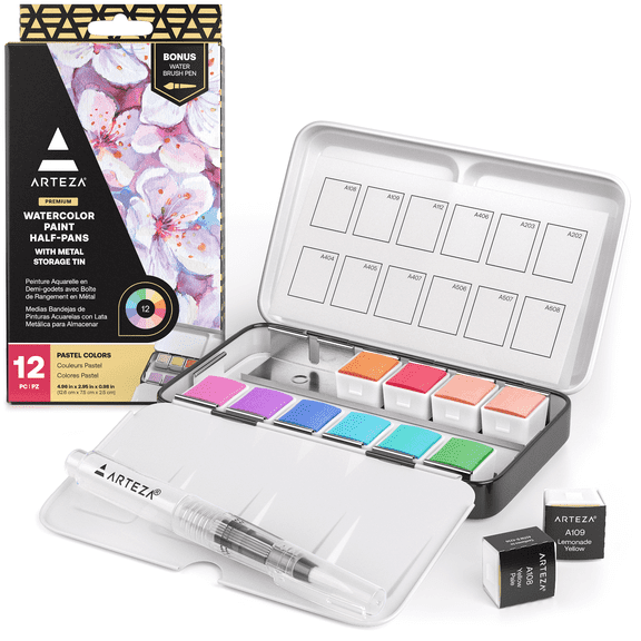 Arteza Watercolor Paint, Matte Finish, Multicolor, Set of 12, Half Pans