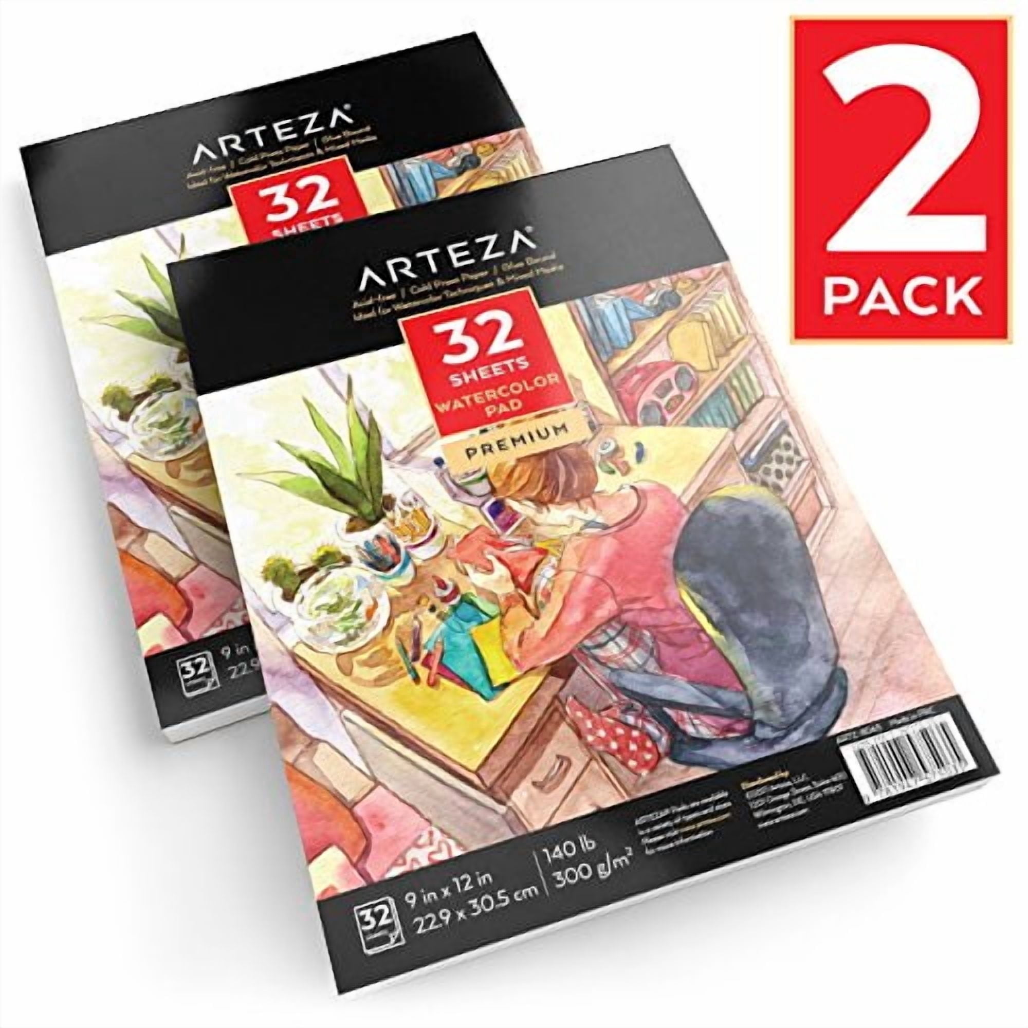 Arteza 9" x 12" Cold-Pressed Watercolor Paper Pad, 32 Sheets, Set of 2