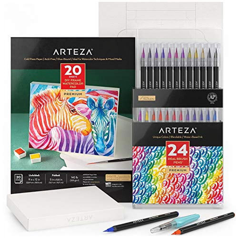 Arteza Watercolor Painting Art Set, Real Brush Pens 24 and Foldable Canvas Paper Bundle, DIY Kit Art Supplies for Kids and Adults