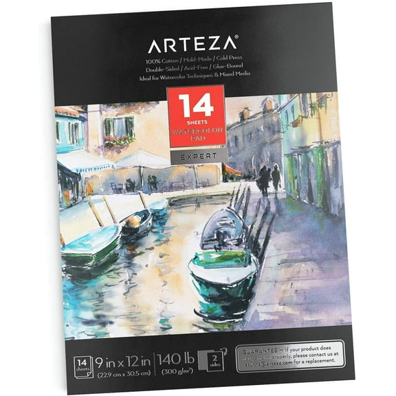 Arteza Watercolor Paper Pad, Cold-Pressed, 100% Cotton, 9"x12" - 14 Sheets