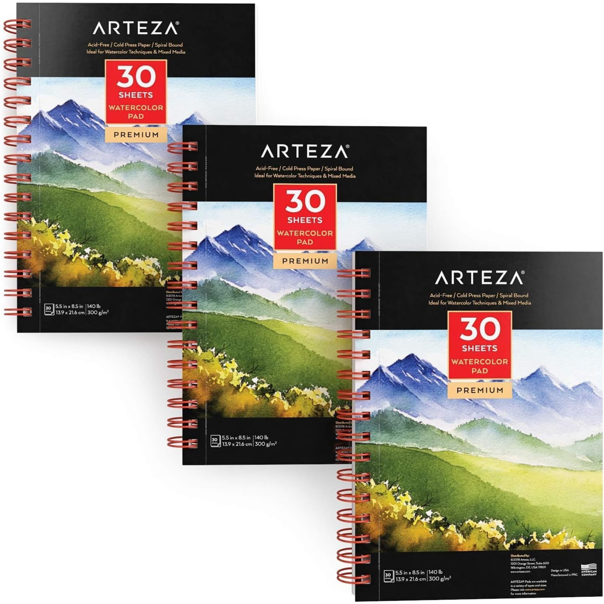 Arteza 5.5" x 8.5" Hardcover Watercolor Sketchbook, 30 Sheets, Set of 3