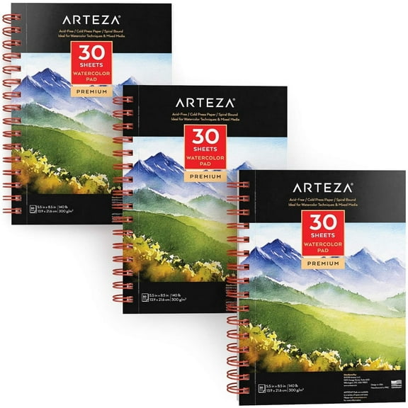 Arteza Watercolor Paper Pad, Spiral-Bound Hardcover, Heavyweight Cold-Pressed Paper , 5.5"x8.5", 30 sheets - 3 Pack