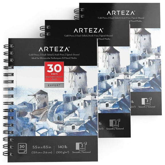 Arteza 5.5" x 8.5" Watercolor Paper Pad, 30 Sheets, Set of 3