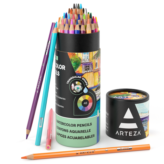 Arteza Watercolor Pencils, Triangle Shaped, Assorted Colors, Coloring Set for Adult Artists, Non-Toxic - 48 Pack