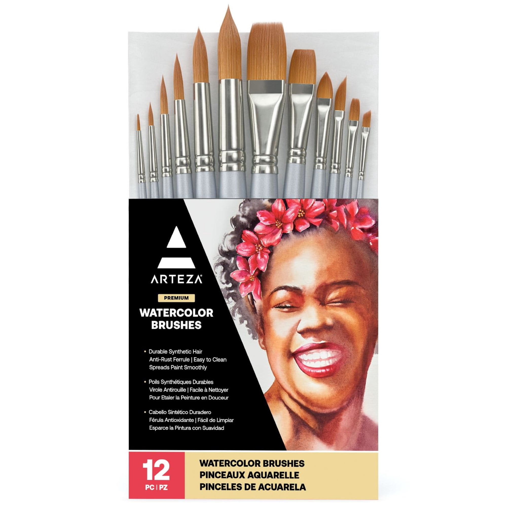 Arteza Watercolor Brushes, Round, 12 Count, Synthetic